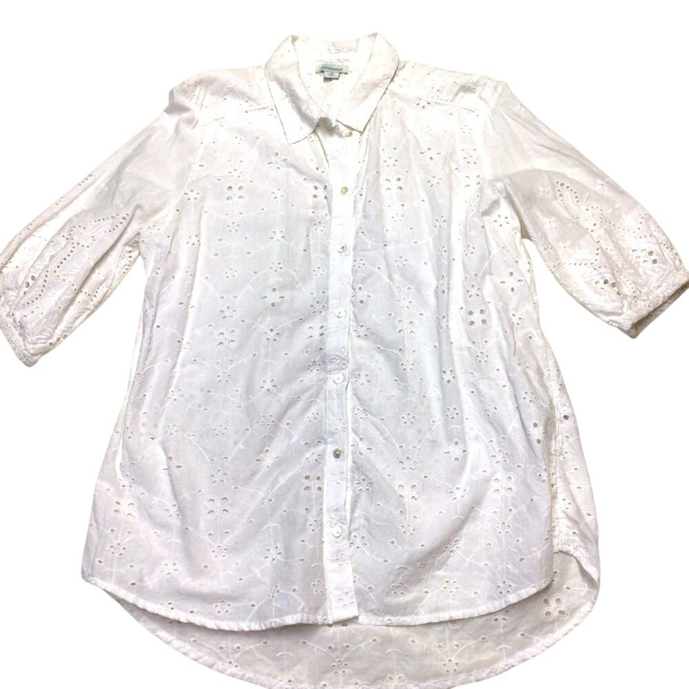 Sundance White Eyelet Lace Button Down Blouse 3/4 Sleeve Cotton Top Womens Med